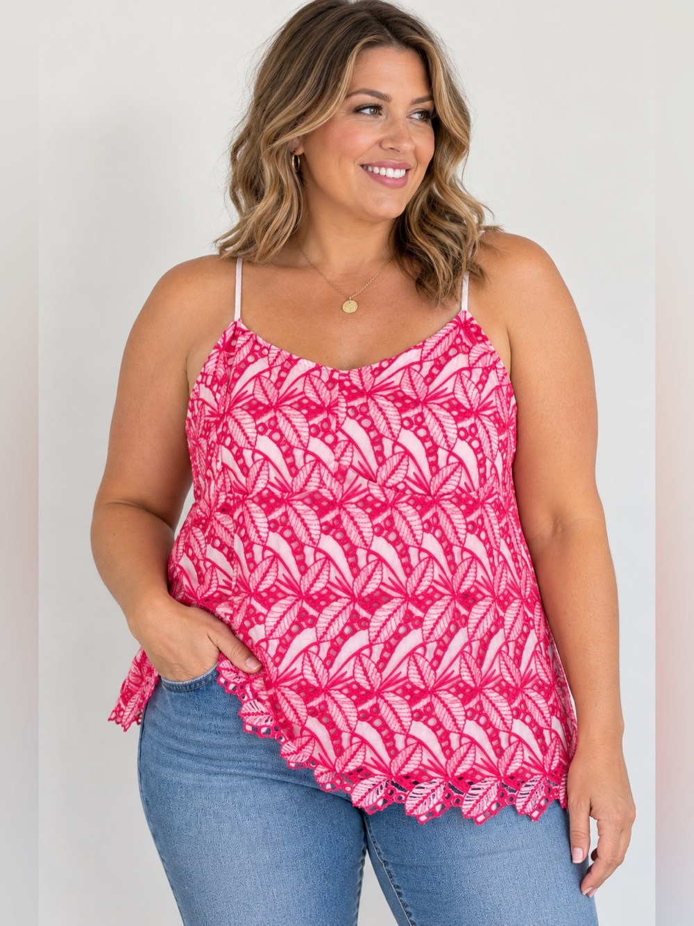 Crown & Ivy Size 16 Pink Embroidered Lace Tank Top NWOT